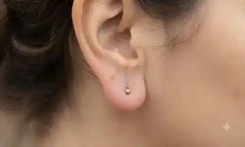 Close-up of a smooth, rounded earlobe wearing a tiny rose gold bead earring, showing the kind of natural lobe shape earlobe repair aims to restore.
