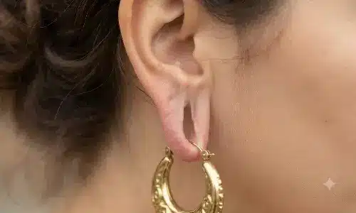 Close-up of a stretched earlobe with an elongated piercing hole pulled down by a heavy gold hoop earring, a common reason for lobuloplasty in Hawaii.