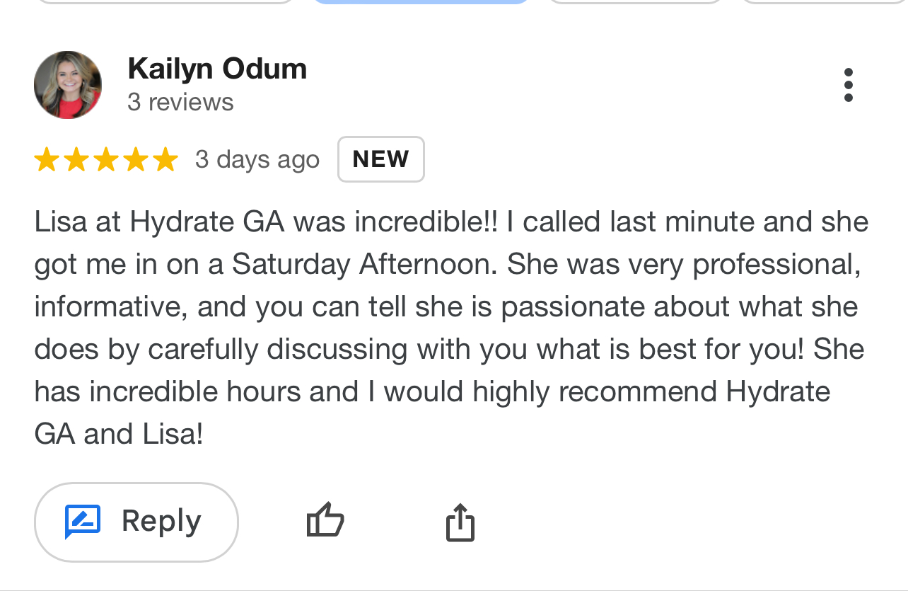 Client testimonials and success stories from Hydrate GA patients