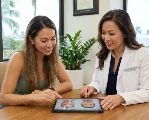 Female facial plastic surgeon and patient in Honolulu discussing facial anatomy on a tablet during a collaborative medical consultation for natural-looking results.