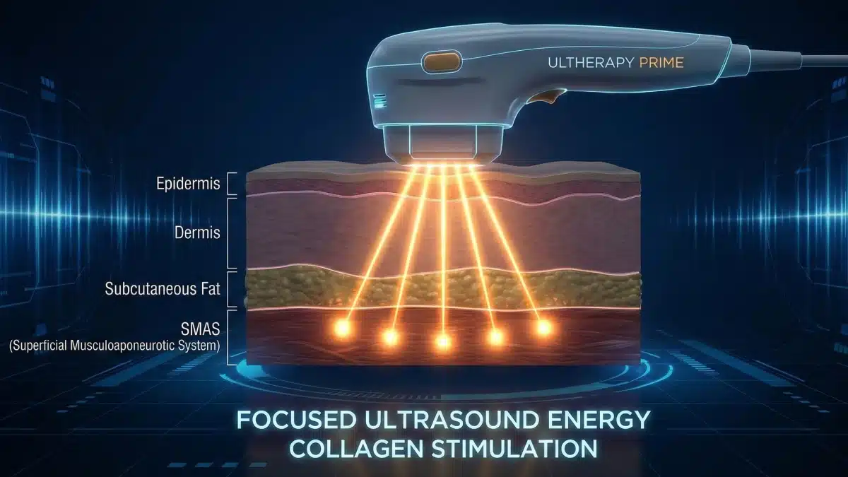 Infographic showing Ultherapy PRIME ultrasound energy penetrating the epidermis and dermis to reach the SMAS layer for deep tissue collagen stimulation.