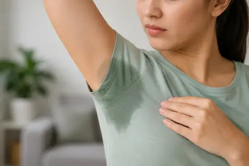 Close-up of a sweat stain under a woman's armpit caused by hyperhidrosis, an underarm sweating condition.