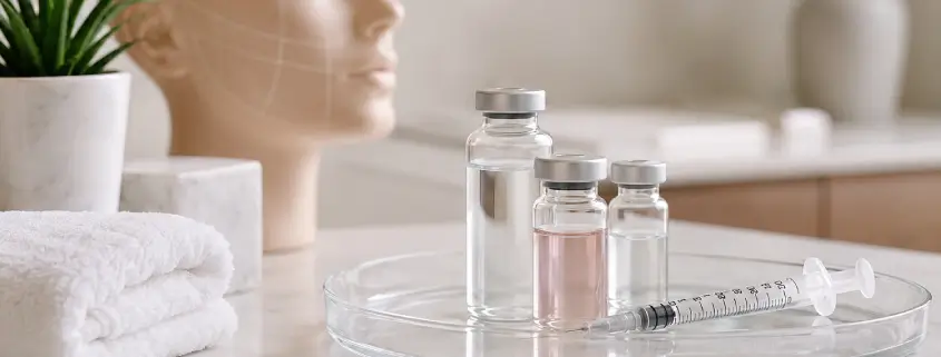Dermal filler vials with silver caps and a marked syringe on a glass tray beside a mannequin head mapped with facial contour lines.