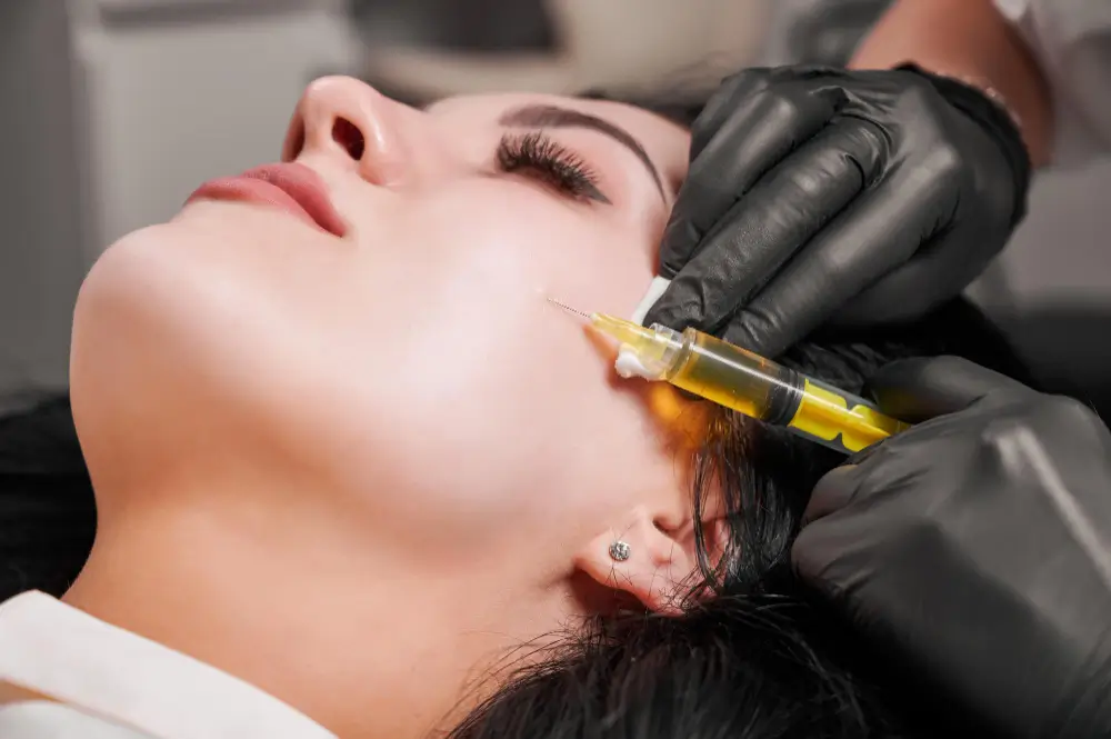 Close-up of a Pahoa medical provider in black gloves performing a facial injection to demonstrate a application of PRP therapies in Hawaii.