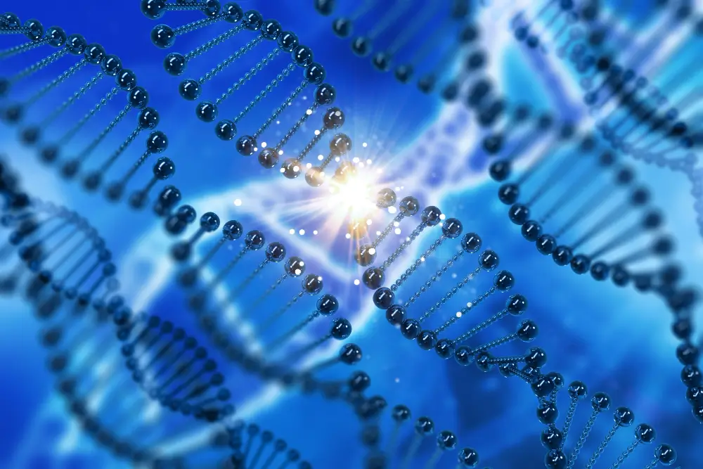 Glowing blue 3D DNA double helix strands with a bright central light represent the complex PRP processing in next-generation orthobiologics.
