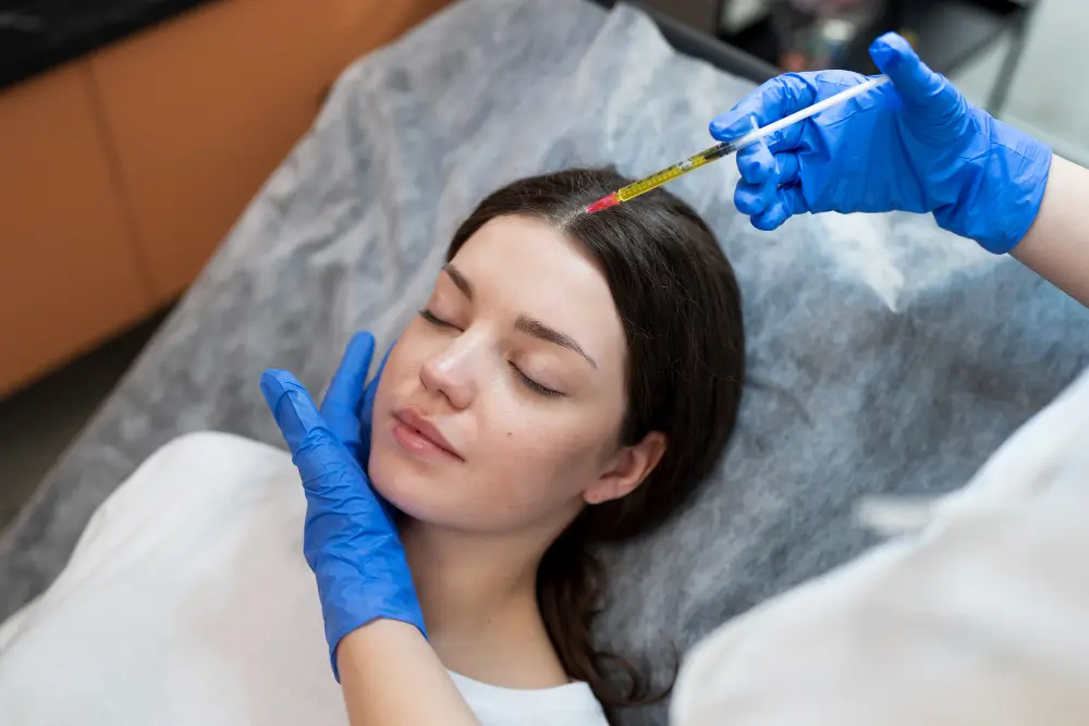 A clinician in blue gloves injects yellow fluid into a woman's scalp, offering a new perspective on platelet-rich plasma regenerative therapy.