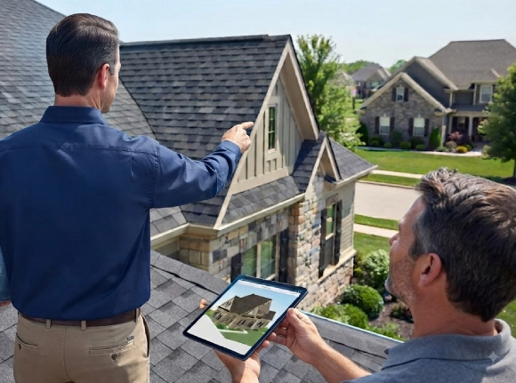 Texas roofing contractor discussing a roof estimate with a homeowner