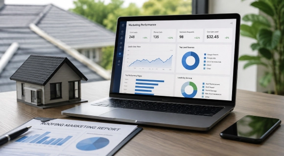 Texas roofing contractor reviewing leads and marketing performance data