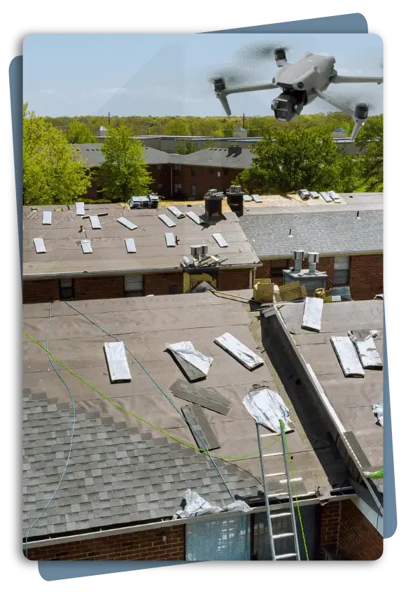 Drone roof inspection identifying drainage and membrane issues on flat roof